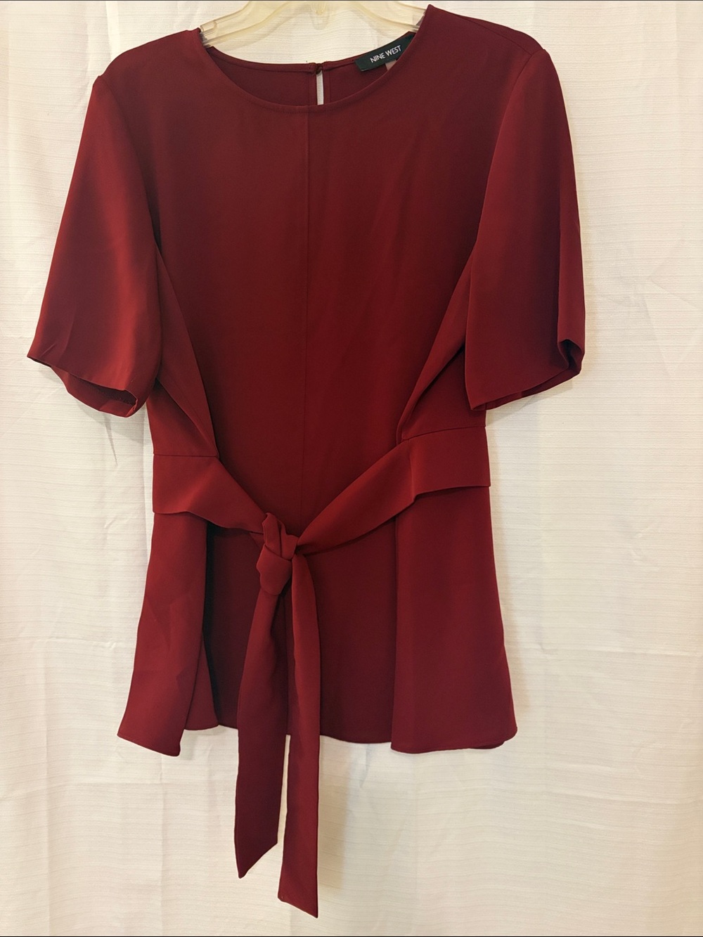 Nine West Deep Red Tie-Waist Short Sleeve Blouse